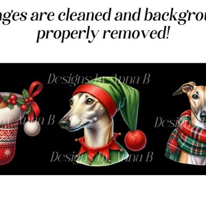 May include: Three digital illustrations of Whippets wearing Christmas attire. One Whippet is wearing a red and white stocking, another is wearing a green elf hat, and the third is wearing a red and green plaid scarf.
