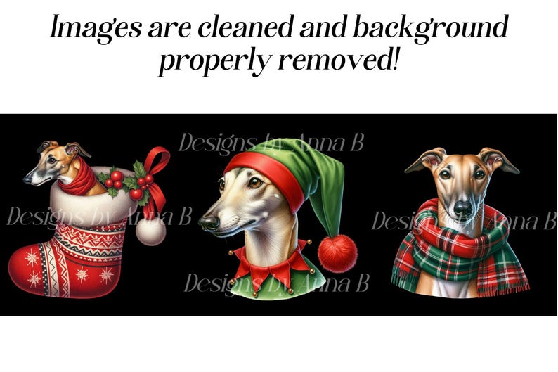 May include: Three digital illustrations of Whippets wearing Christmas attire. One Whippet is wearing a red and white stocking, another is wearing a green elf hat, and the third is wearing a red and green plaid scarf.