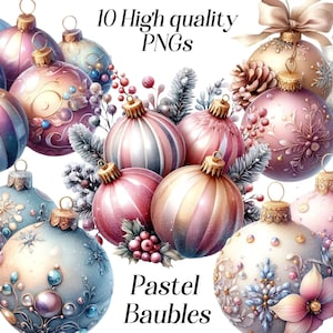 Clipart aquarelle boules pastel, 10 fichiers PNG de haute qualité, graphiques de Noël, ornements de fête, images de Noël