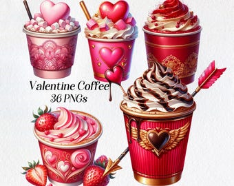 Valentine Coffee Clipart: Watercolor Frappuccino PNGs (Digital Download)