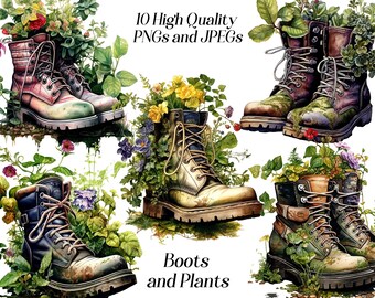 Clipart aquarel laarzen en planten: boerderijdecor (JPEG, PNG)