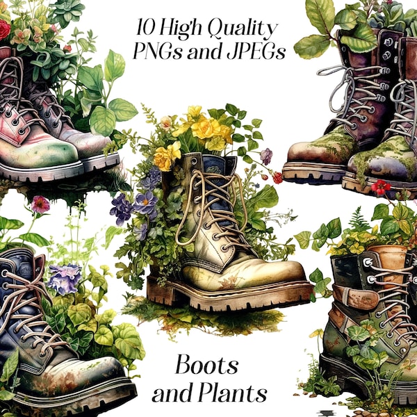 Watercolor Boots and Plants clipart, 10 high quality JPEG and PNG files, shoes clip art, farmhouse decor, greenery clipart, printables