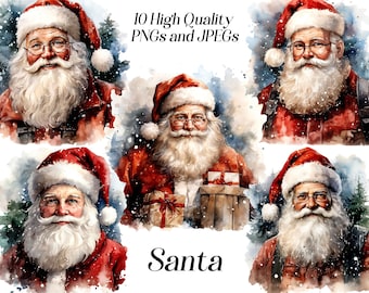 Watercolor Santa clipart, 10 high quality JPEG and PNG files, winter holidays, Christmas clip art, Xmas decor, card making, printables