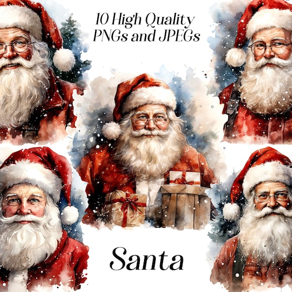Aquarel Santa clipart, 10 hoge kwaliteit JPEG- en PNG-bestanden, wintervakantie, kerstclip art, kerstdecor, kaart maken, printables