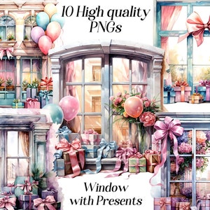 Fenêtre aquarelle avec clipart cadeaux, 10 fichiers PNG de haute qualité, graphiques imprimables, clipart anniversaire, célébration, image en sublimation