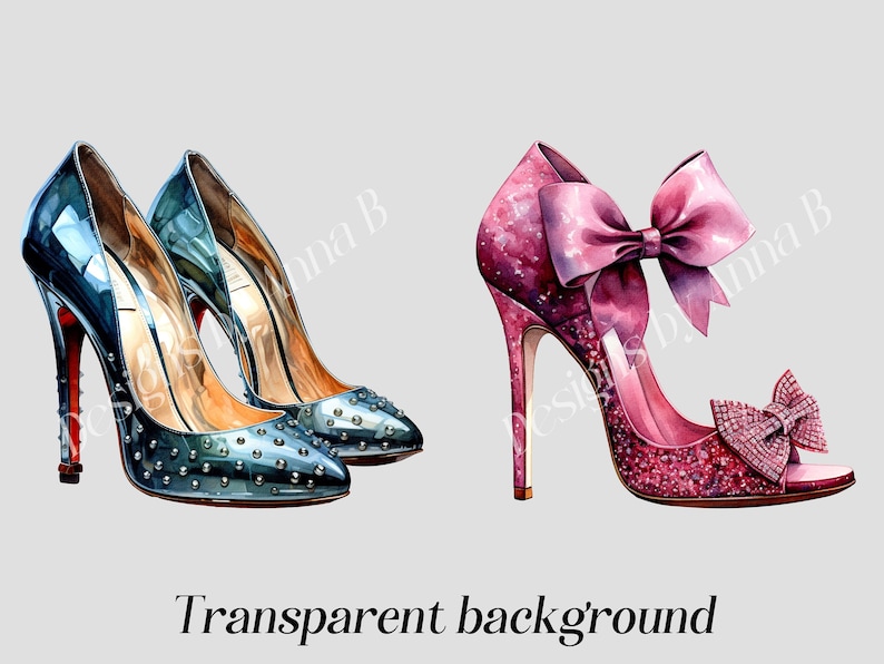 May include: Two pairs of high-heeled shoes. One pair is blue with silver studs and red heels. The other pair is pink with a large pink bow and sparkly details.