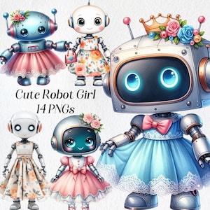 May include: A collection of cute robot girl illustrations. The robots are in various poses and outfits, including dresses and floral accents. The image includes the text "Cute Robot Girl 14 PNGs". The robots have a cartoonish style with large eyes.