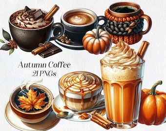 Clipart di caffè autunnale ad acquerello: grafica PNG di spezie di zucca (download digitale)