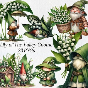 Clipart nain de muguet, nain mignon, nain floral, décoration de chambre d'enfant, nain de jardinage, nain de printemps, nain des mois de naissance, art fantaisiste