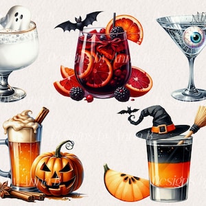 May include: Five Halloween-themed cocktails: a white cocktail with a ghost garnish, a red cocktail with fruit and berries, a martini with an eyeball garnish, a beer with a pumpkin garnish, and a layered shot with a witch's hat garnish.