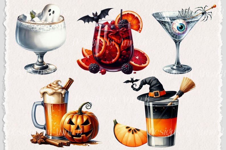 May include: Five Halloween-themed cocktails: a white cocktail with a ghost garnish, a red cocktail with fruit and berries, a martini with an eyeball garnish, a beer with a pumpkin garnish, and a layered shot with a witch's hat garnish.