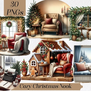 Gemütliche Weihnachtsecke Clipart - Festliche Urlaubsszene PNG, Weihnachtsdekor und Warme Wintereinstellung, Gemütlicher Urlaub Art Set