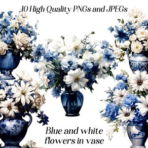 Watercolor flowers clipart, blue flowers, white flowers, png, dusty blue, navy flowers, flower arrangement, printable, digital print