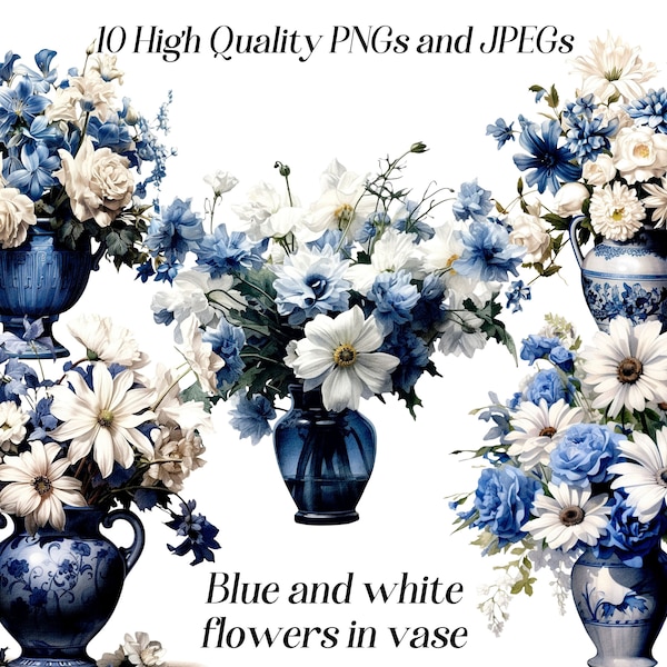 Watercolor Blue and White flowers clipart, 10 high quality JPEG and PNG files, flowers in vase, floral bouquet, printable graphics