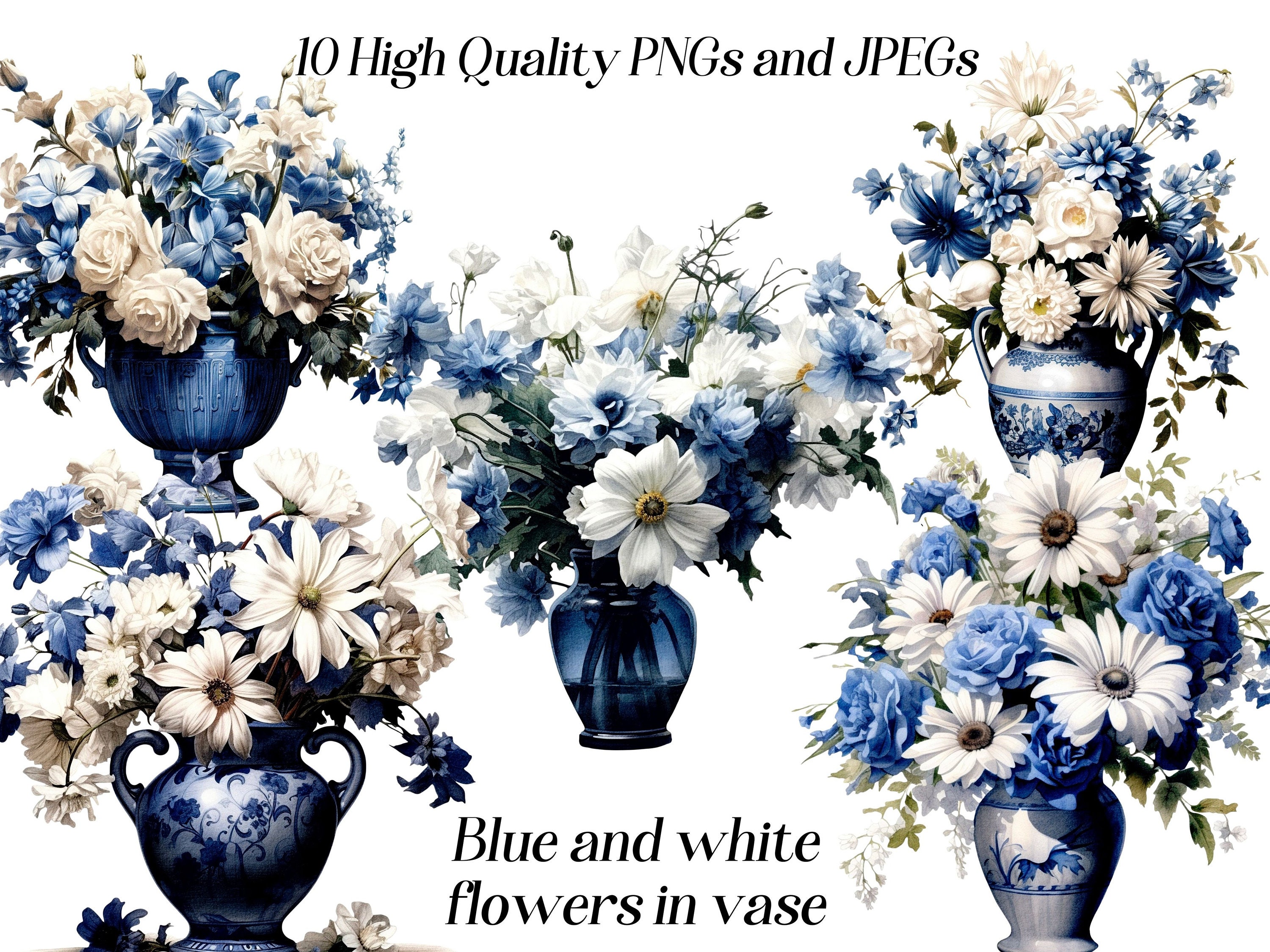 Watercolor flowers clipart, blue flowers, white flowers, png, dusty blue, navy flowers, flower arrangement, printable, digital print