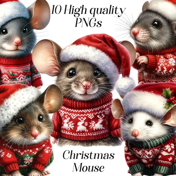 Watercolor Christmas Mouse clipart, 10 PNG files, santa rat, xmas animals, christmas mice, christmas jumper, digital clip art, winter mouse