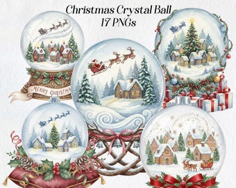 Akvarell julsnöglob Clipart-paket: Holiday Village PNG-grafik (digital nedladdning, 300 DPI)