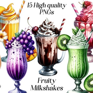 Pode incluir: Ilustração em aquarela de várias milkshakes frutadas. A imagem apresenta milkshakes com coberturas como chantilly, fatias de frutas e bagas. O texto "15 High quality PNGs" e "Fruity Milkshakes" também estão incluídos.