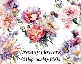 Akvarell blombukett Clipart: 46 PNG-blommiga bilder (digital nedladdning)