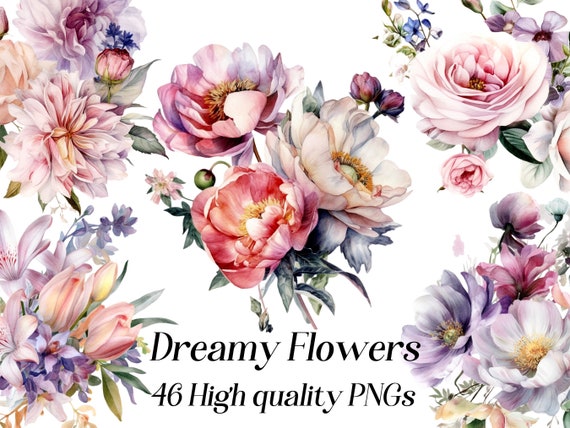 Watercolor Flower Bouquet Clipart: 46 PNG Floral Graphics (Digital Download)