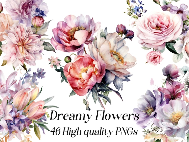 Puede incluir: Una colecci&oacute;n de 46 im&aacute;genes PNG de alta calidad que presentan ilustraciones de acuarela de flores de ensue&ntilde;o en tonos de rosa, morado y blanco. Las flores incluyen peon&iacute;as, rosas, an&eacute;monas y otras flores delicadas.