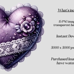 May include: A purple heart-shaped pillow with white lace trim and a pink flower with a jeweled center. The pillow is 3000 x 3000 pixels at 300 DPI.