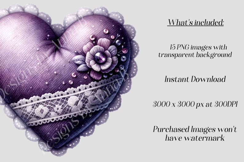 May include: A purple heart-shaped pillow with white lace trim and a pink flower with a jeweled center. The pillow is 3000 x 3000 pixels at 300 DPI.