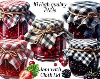 May include: Ten jars of jam with different fruit fillings, each topped with a checkered cloth lid tied with twine. The jars are arranged in a circle with berries and fruit scattered around them. The text "10 High quality PNGs" and "Jam with Cloth Lid" are visible in the image.
