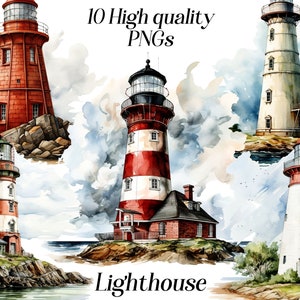 Watercolor Lighthouse Clipart: Nautical PNG Graphics (Digital Download)