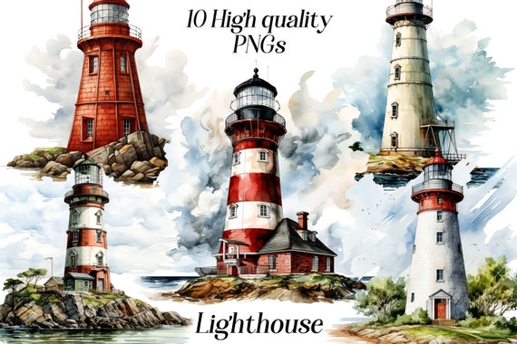 Watercolor Lighthouse Clipart: Nautical PNG Graphics (Digital Download)