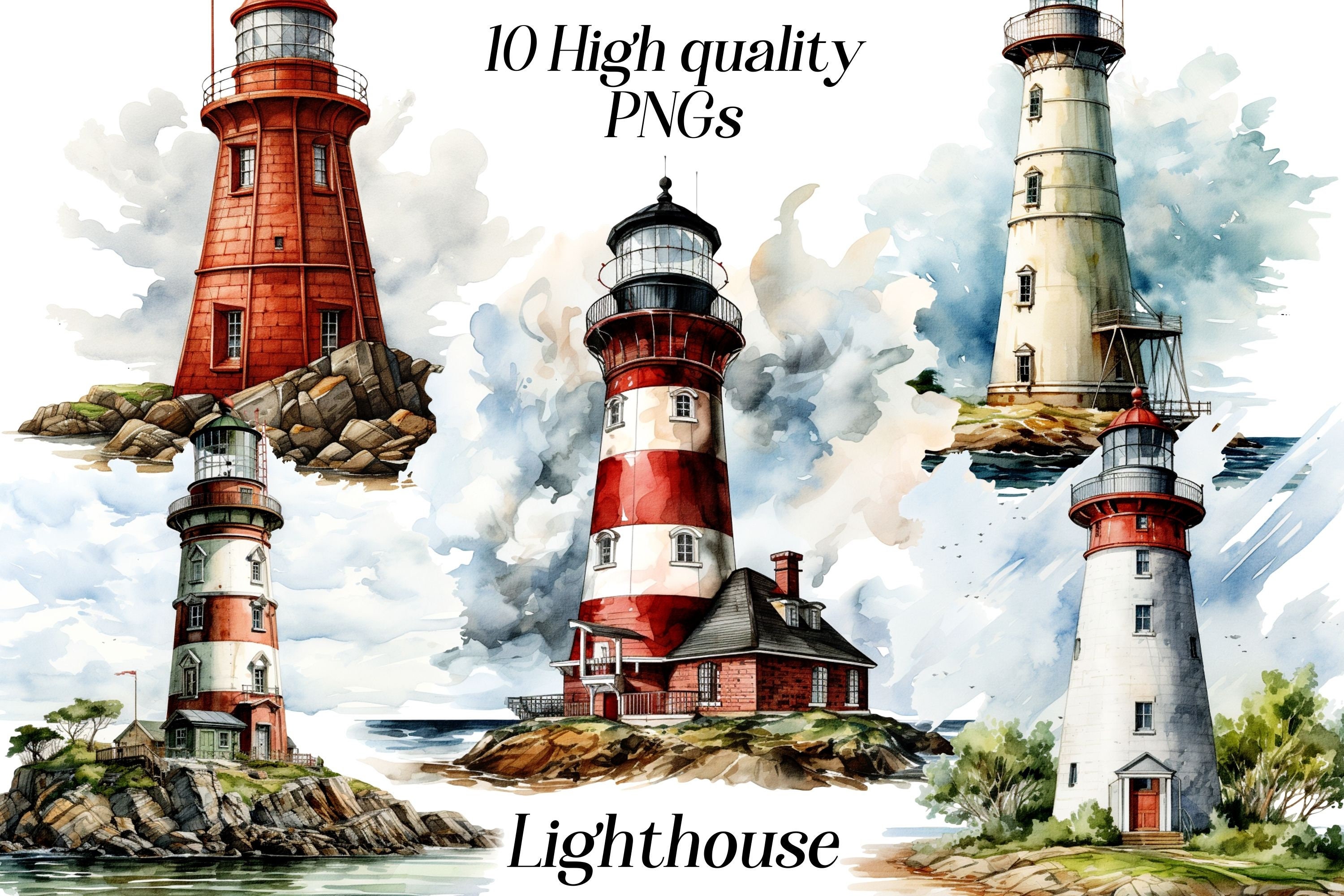Watercolor Lighthouse clipart, 10 high quality PNG files, nautical clip art, light house illustration, printable graphics