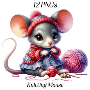 Clipart souris tricot aquarelle, 12 fichiers PNG, souris mignonne, graphiques de tricot, passe-temps, hiver douillet, tricot, crochet, animaux mignons, produits à imprimer