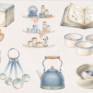 May include: Watercolor illustration of kitchen items, including a blue kettle, measuring spoons, and a recipe book. Other items include a storage box, shelves with dishes and jars, wooden spoons in a jar, and bowls.