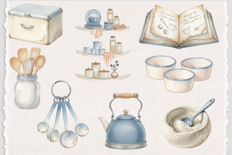 May include: Watercolor illustration of kitchen items, including a blue kettle, measuring spoons, and a recipe book. Other items include a storage box, shelves with dishes and jars, wooden spoons in a jar, and bowls.