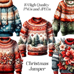 Clipart de macacão de Natal em aquarela, 10 arquivos JPEG e PNG de alta qualidade, suéter de Natal feio, moda festiva de inverno, imprimíveis, confecção de cartões