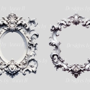 May include: Two ornate white picture frames with intricate scrollwork designs. The frame on the left is oval shaped, while the frame on the right is a square shape.