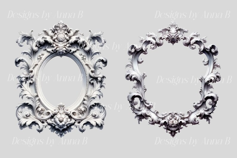 May include: Two ornate white picture frames with intricate scrollwork designs. The frame on the left is oval shaped, while the frame on the right is a square shape.