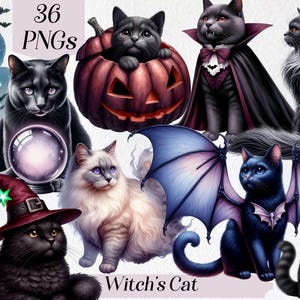 以下が含まれることがあります： ハロウィーンの衣装を着た猫のデジタルアート。猫は吸血鬼、魔女、コウモリの羽として描かれています。彫刻されたカボチャの中に猫がいます。「36 PNGs」と「Witch's Cat」のテキストが含まれています。