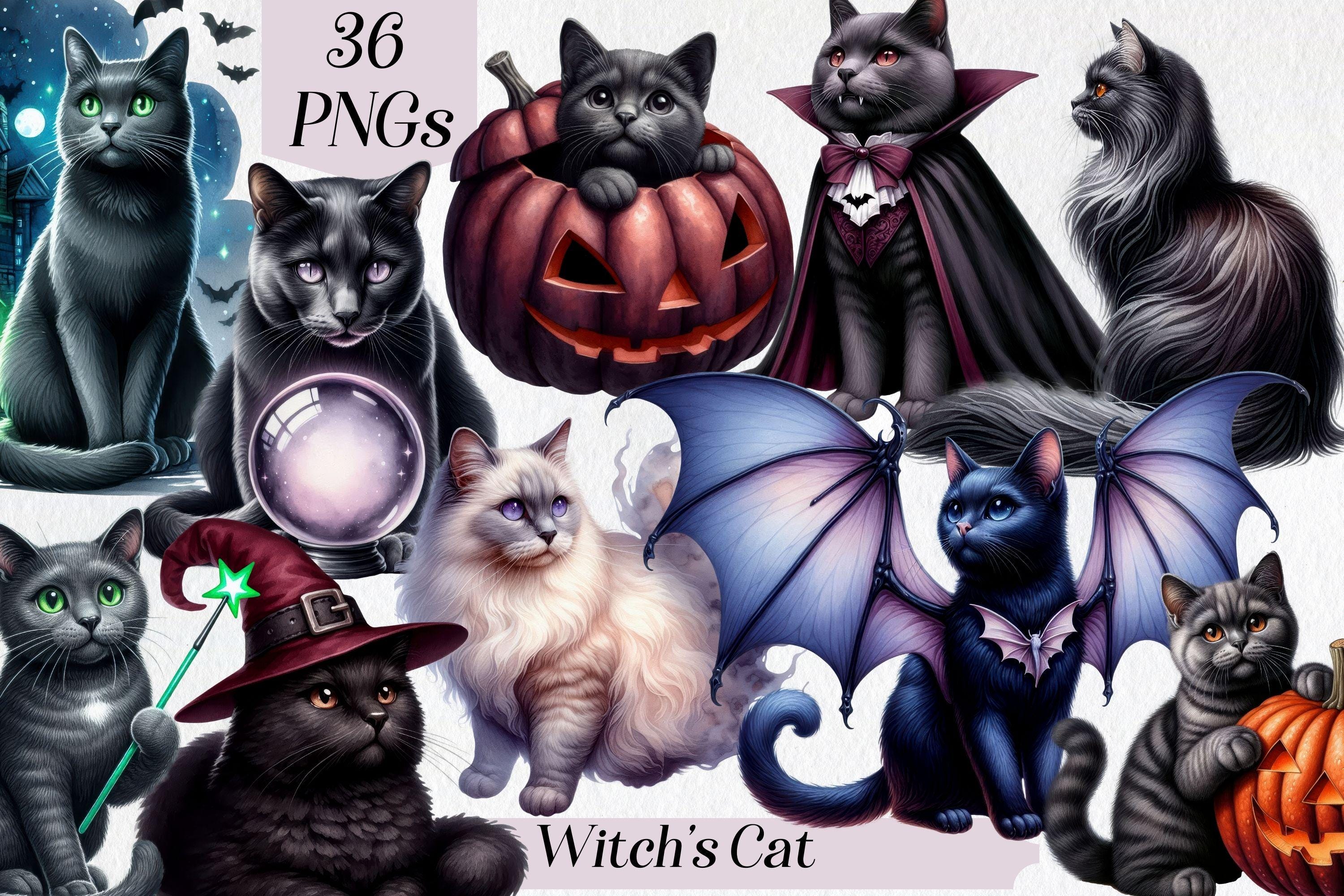 魔女の猫のクリップアート：ハロウィーンゴシックファンタジーイラスト