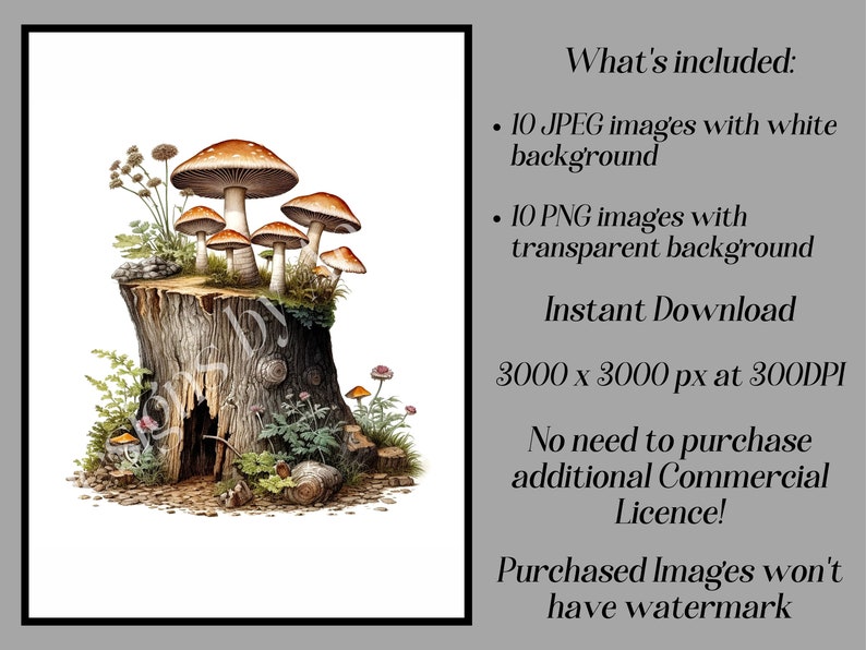 May include: A digital illustration of a group of mushrooms growing on a tree stump. The mushrooms are brown and white with red accents. The tree stump is brown and has a hole in the side. The background is white.
