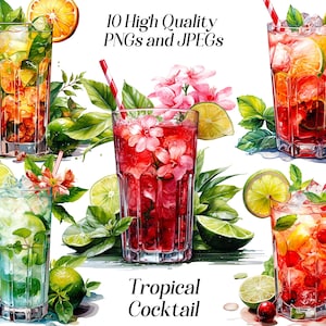 Clipart cocktail tropicale dell'acquerello, 10 file JPEG e PNG di alta qualità, vacanze estive, clip art sulla spiaggia, stampabili, scrapbooking