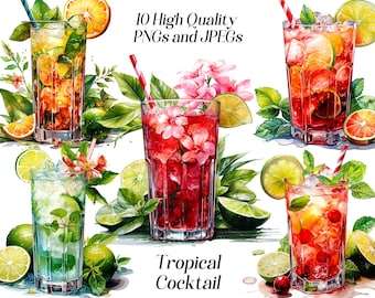 Watercolor Tropical Cocktail Clipart: Summer Drink PNG, JPEG (Digital Download)