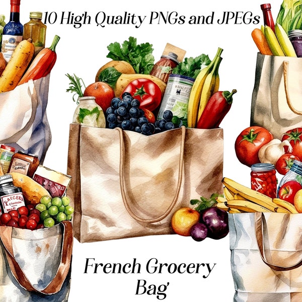 Watercolor grocery bag clipart, 10 high quality JPEG and PNG files, French food, supermarket shopping bag, printable graphics