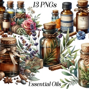 Clipart de óleos essenciais em aquarela, 13 arquivos PNG, Spa, aromaterapia, relaxamento, meditação, ervas, botânico, natural, ecológico, rústico, imagens