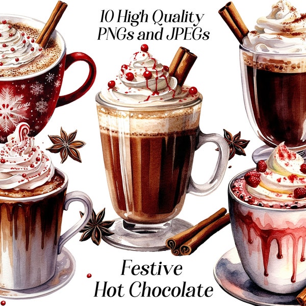 Watercolor hot chocolate clipart, 10 high quality JPEG and PNG files, Christmas drink, hot cocoa drink, festive holidays, printables