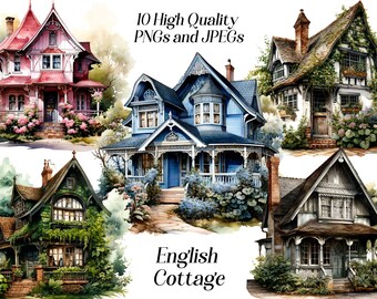 Watercolor Cottage Clipart: Farmhouse PNG & JPEG Graphics (Digital Download)
