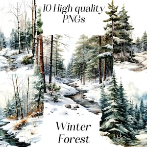 Aquarel winterbos clipart, 10 hoge kwaliteit png-bestanden, landschap clipart, landschap illustratie, bos, bossen, afdrukbare bestanden