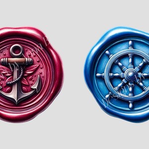 May include: Two wax seals, one red with a silver anchor and the other blue with a silver ship's wheel.