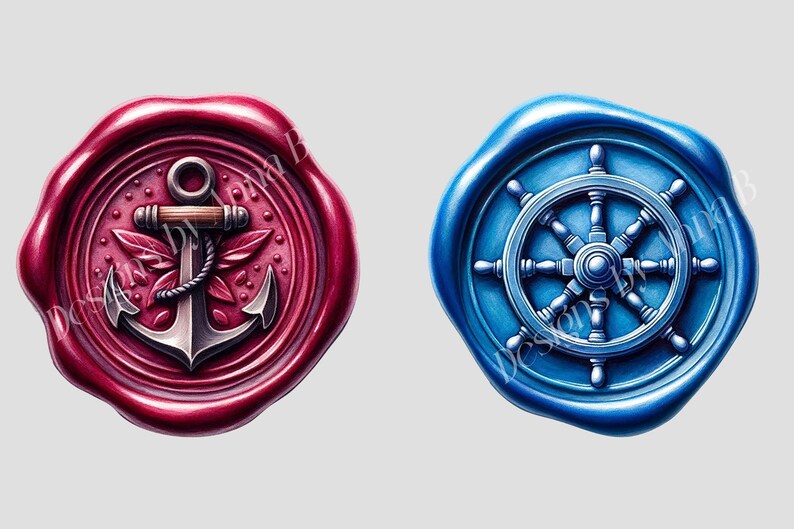 May include: Two wax seals, one red with a silver anchor and the other blue with a silver ship's wheel.