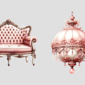 May include: A pink velvet tufted sofa with ornate gold trim and a matching pink chandelier with a pearl-like center and gold accents.
